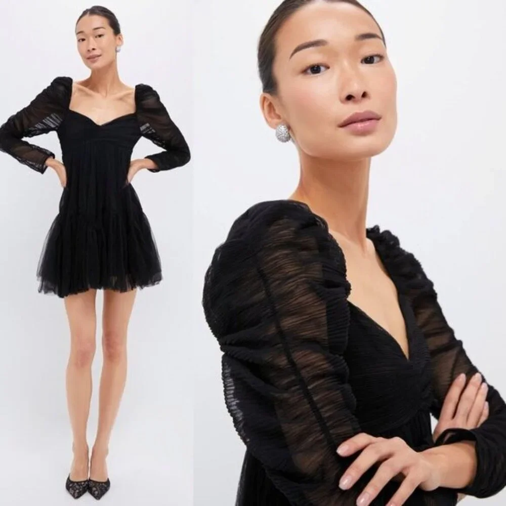Moon River NEW Black Tulle Long Sleeve Sweetheart Party Mini Dress Size M - Picture 3 of 10